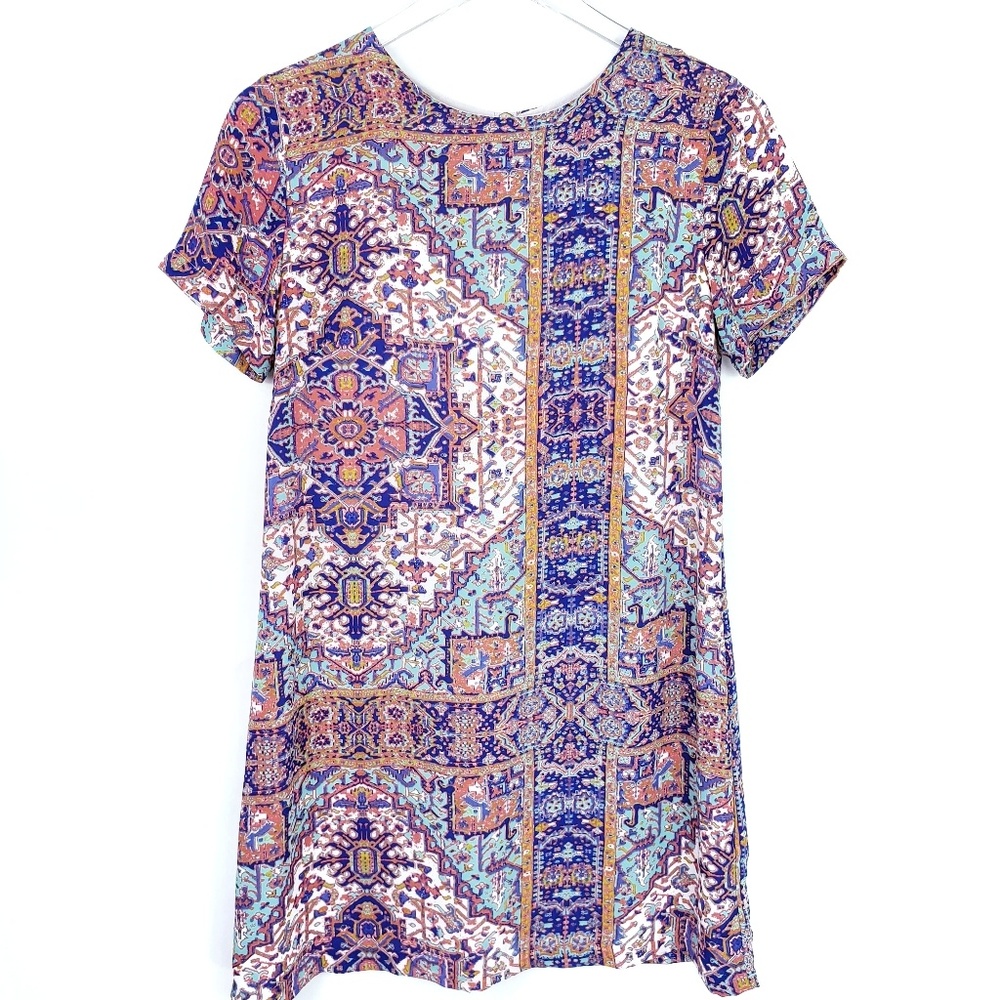 Olivaceous Indian Print Dress Silky Short Sleeve M